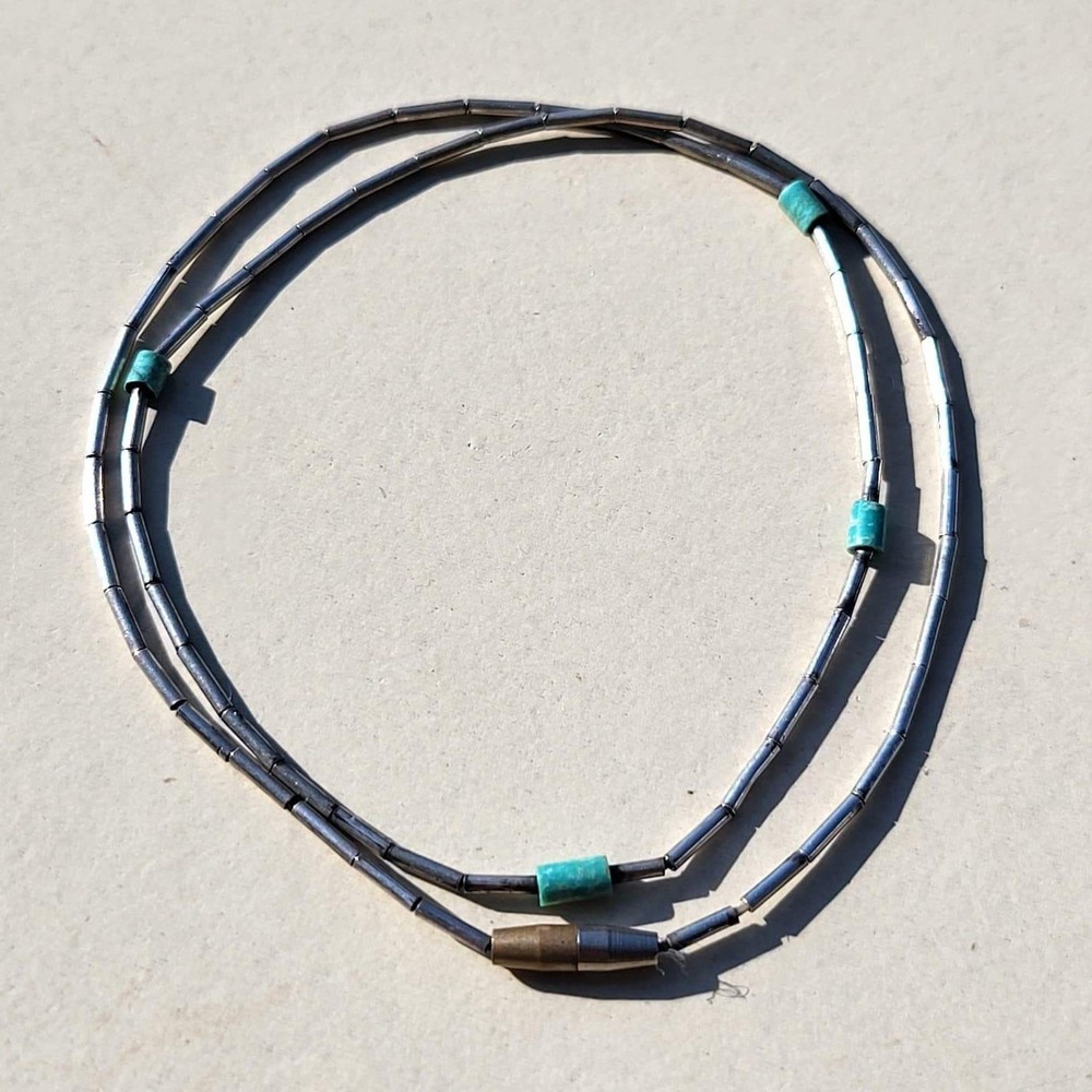 Vintage Sterling Silver Turquoise Liquid Silver Necklace Blue Tube Bead